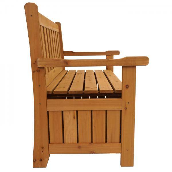 Gartenbank HWC-L68 mit Stauraum, Truhenbank Sitzbank Staufach Aufbewahrung, Outdoor Tanne Holz MVG 114cm, braun - Palo24