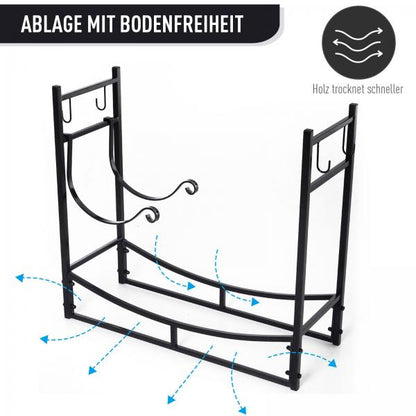 Support à bois de chauffage, support à bois, étagère à bois avec 4 crochets, 2 couches de métal, noir