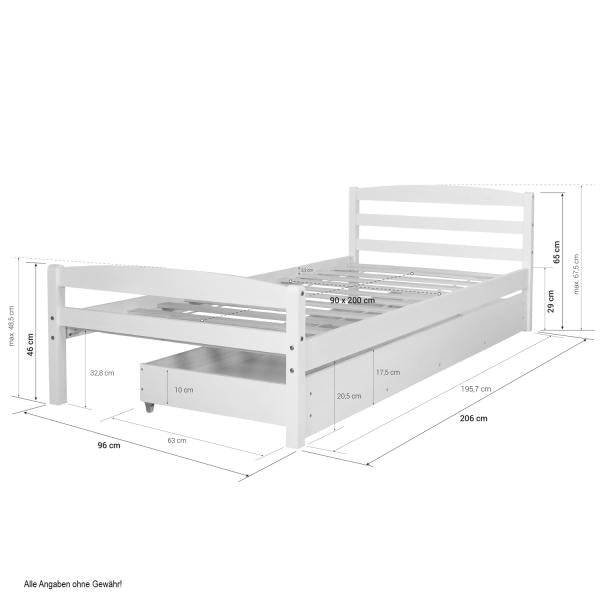 Funktionsbett Holzbett Kinderbett Jugendbett 90x200 weiss Bettkasten Einzelbett