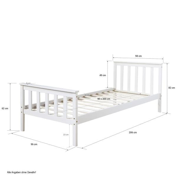 Jugendbett Einzelbett Kinderbett Bettgestell 90x200 weiss Tagesbett Holzbett