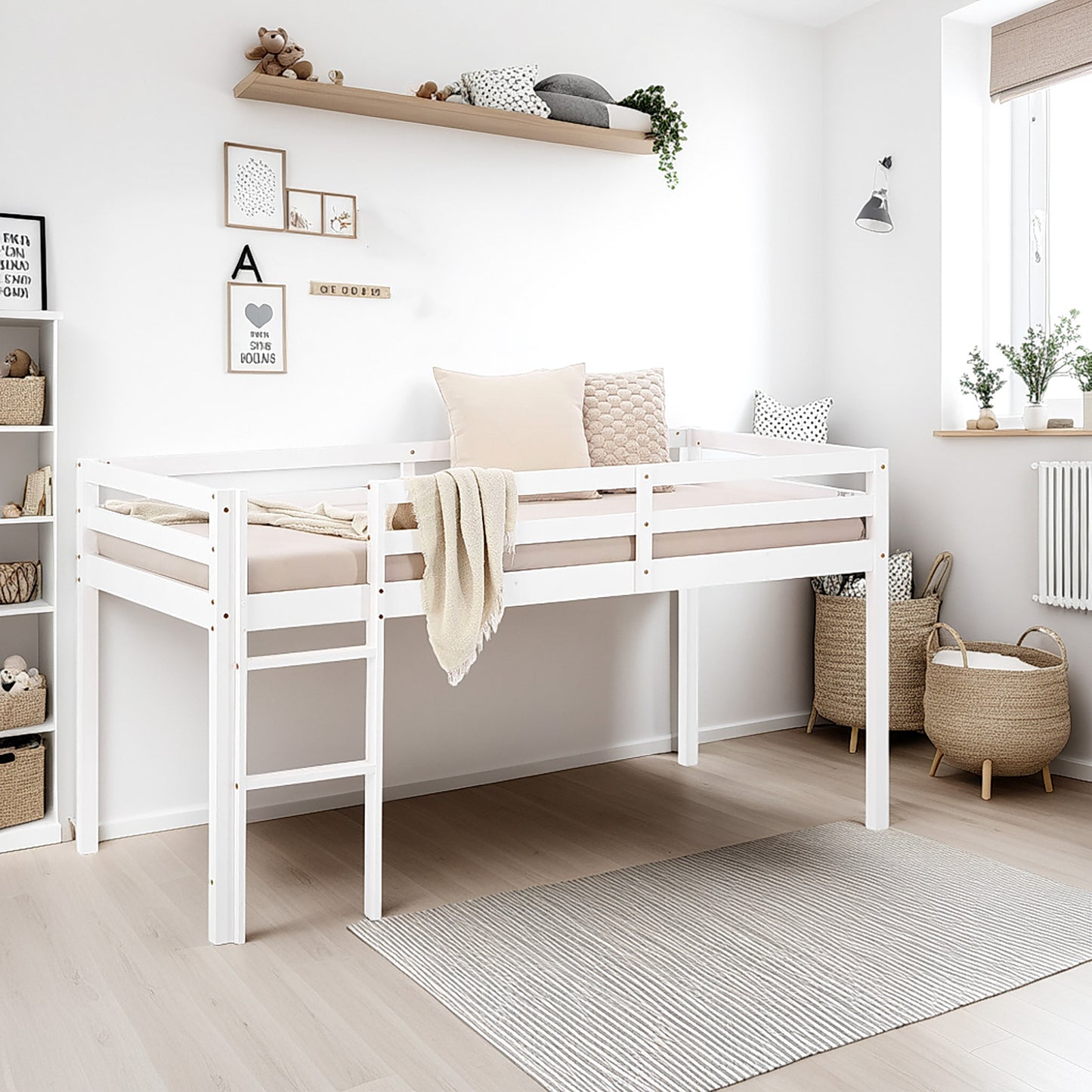 Lit mezzanine lit ludique lit enfant échelle pin blanc 90x200 lit jeunesse massif