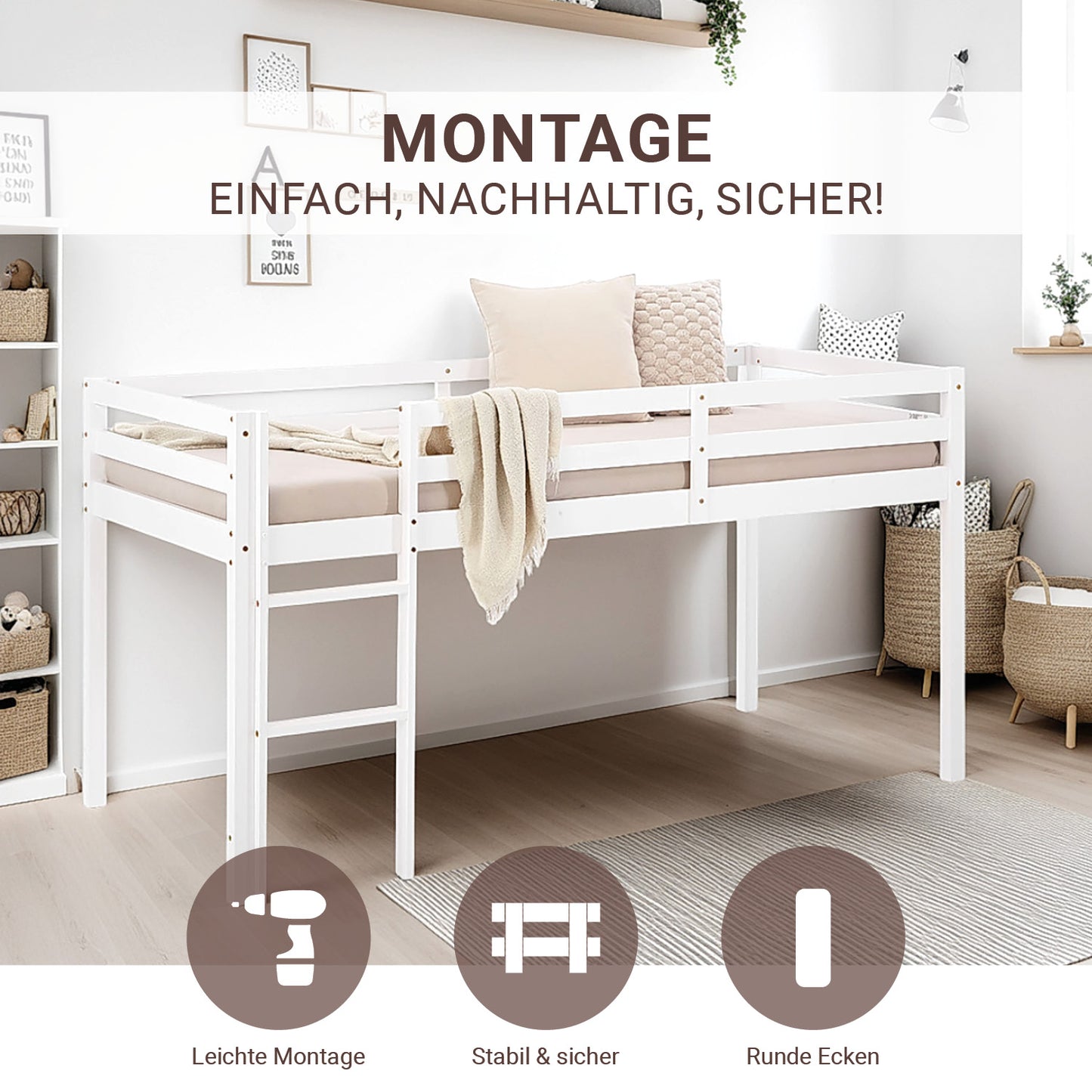 Lit mezzanine lit ludique lit enfant échelle pin blanc 90x200 lit jeunesse massif