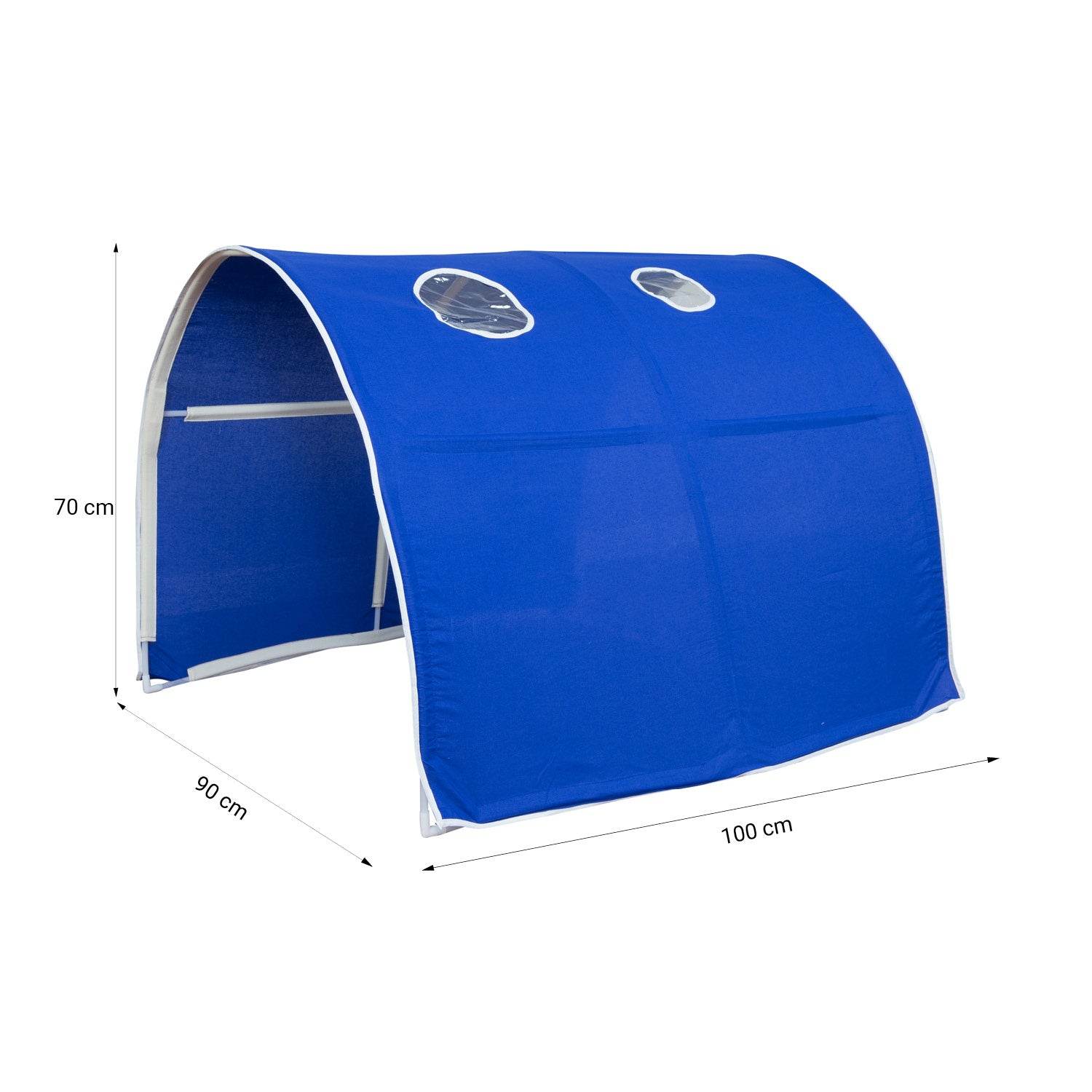 Hochbett mit Lattenrost 90x200 Kinderbett Tunnel Vorhang blau Kiefer Weiss - Palo24
