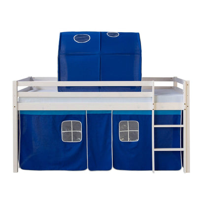 Hochbett mit Lattenrost 90x200 Kinderbett Tunnel Vorhang blau Kiefer Weiss - Palo24