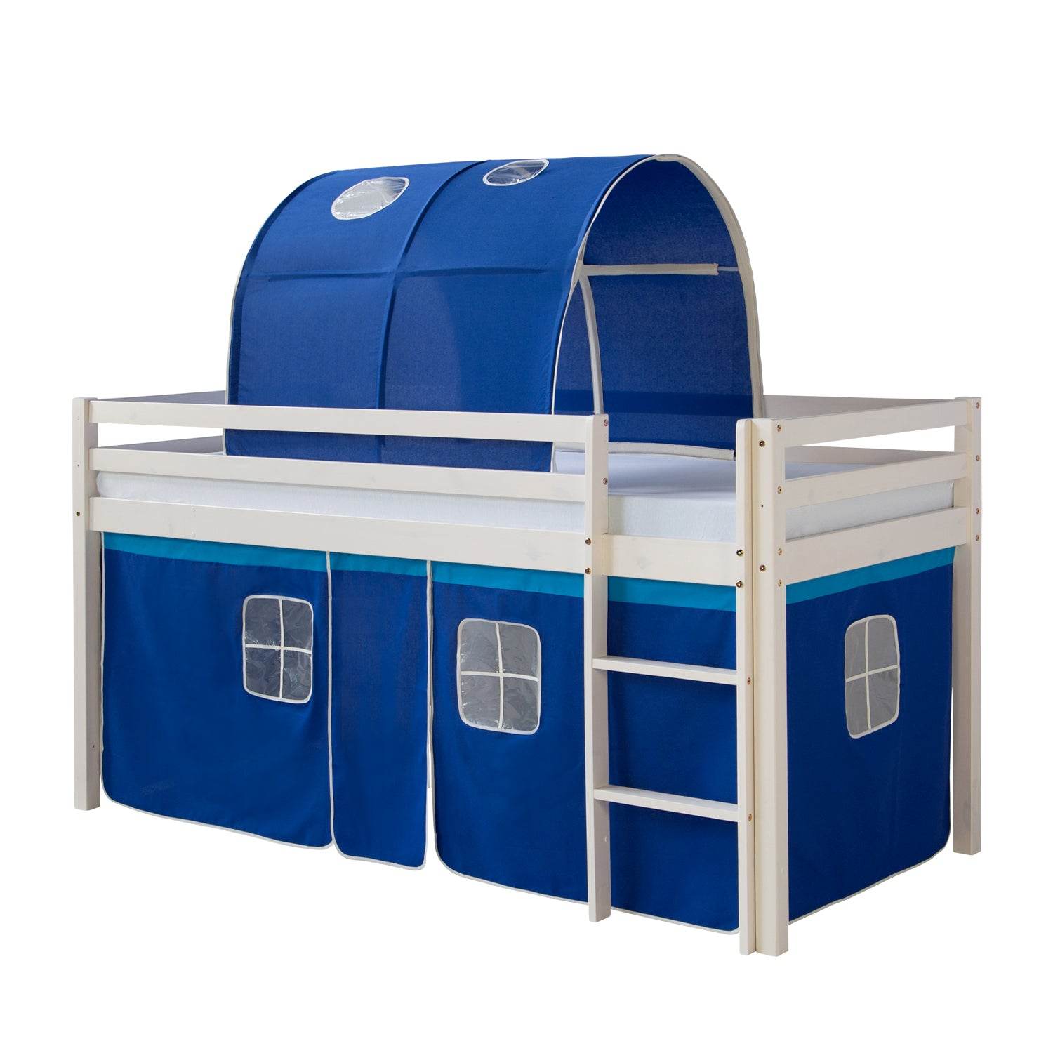 Hochbett mit Lattenrost 90x200 Kinderbett Tunnel Vorhang blau Kiefer Weiss - Palo24