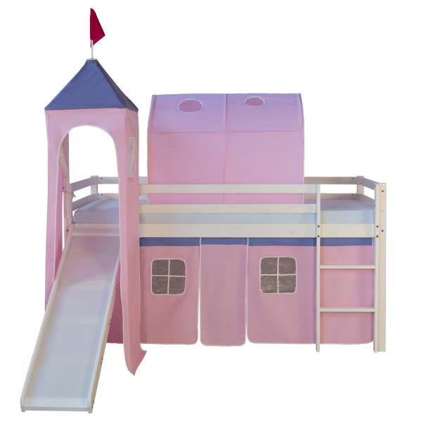 Weisses Kinder Hochbett mit Rutsche, Leiter, Stoffvorhang, Turm & Tunnel rosa, 90 x 200 cm