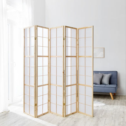 Paravent Natur Shoji Reispapier Weiss | 5 teilig | Holz | Raumteiler Trennwand Sichtschutz
