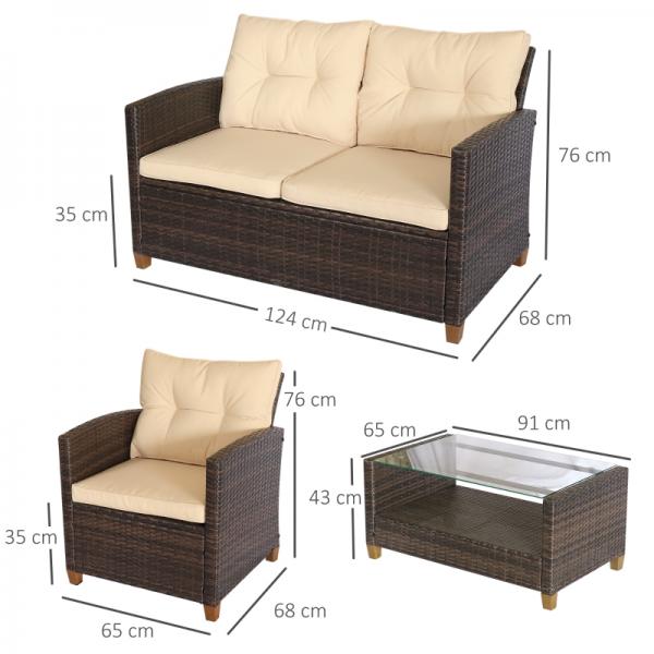 Set di mobili da giardino, 4 pezzi, 3 divani, tavolino, cuscini di seduta, struttura in alluminio, rattan artificiale, beige