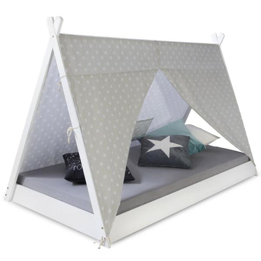 Kinderbett TIPI 90x200 Jugendbett weiss grau Holzbett Kinderzimmer Stoff