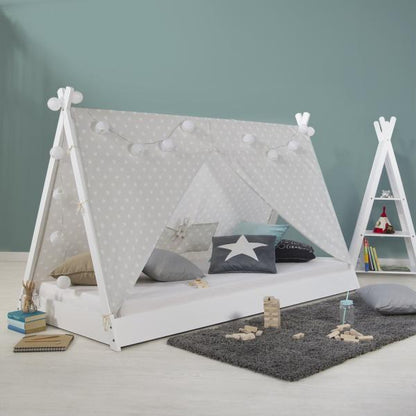 Kinderbett TIPI 90x200 Jugendbett weiss grau Holzbett Kinderzimmer Stoff