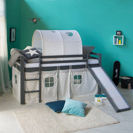 Hochbett Kinder 90x200 cm Grau mit Vorhang Sterne | Tunnel | Rutsche | ohne Lattenrost