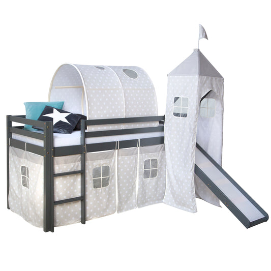 Hochbett Kinder 90x200 cm Grau mit Vorhang Sterne | Tunnel | Turm | Rutsche | ohne Lattenrost