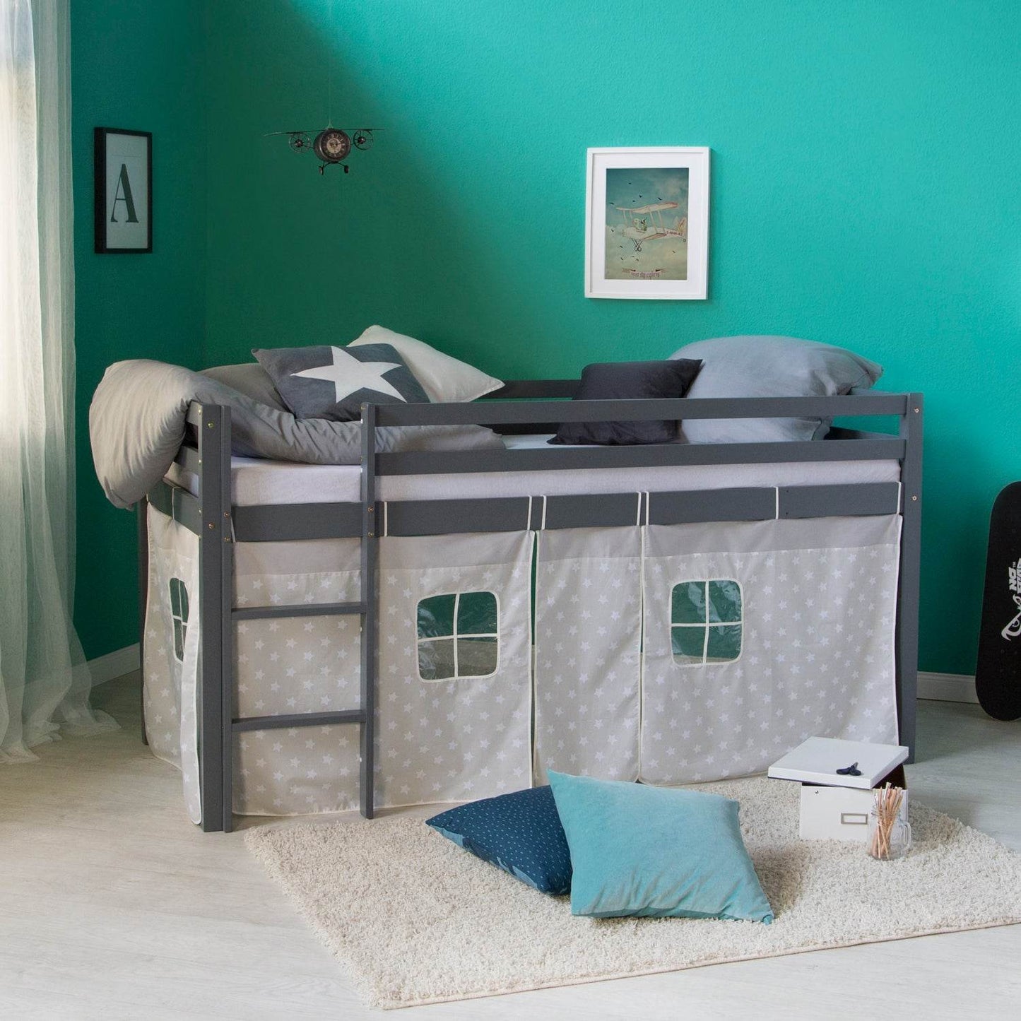 Hochbett mit Lattenrost 90x200 cm Grau Kinderbett Leiter Holz - Palo24