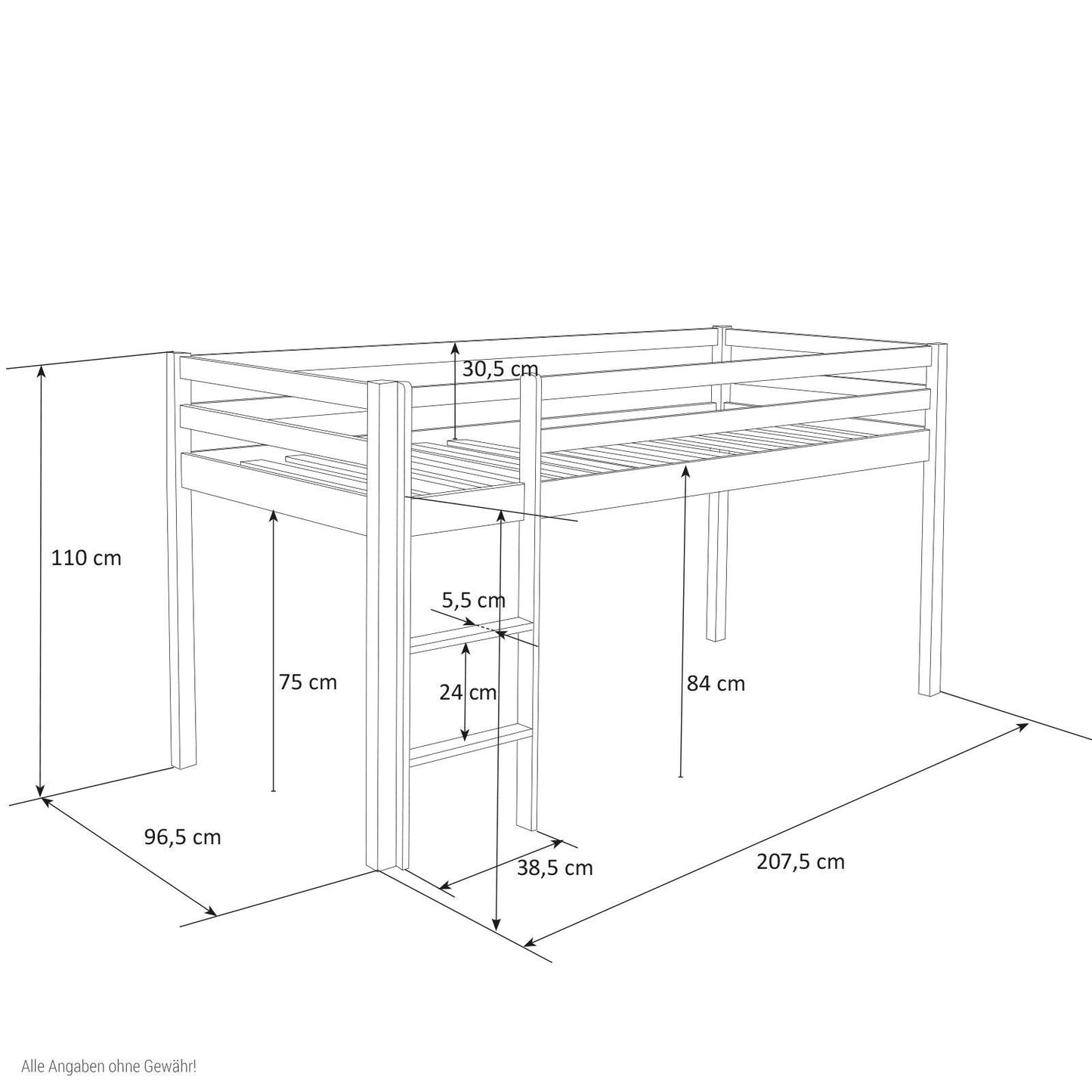 Hochbett mit Lattenrost 90x200 cm Grau Kinderbett Leiter Holz - Palo24