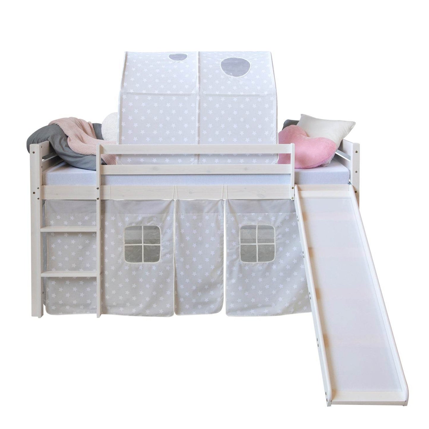 Hochbett mit Lattenrost 90x200 Rutsche Stockbett Weiss Kinderbett grau - Palo24
