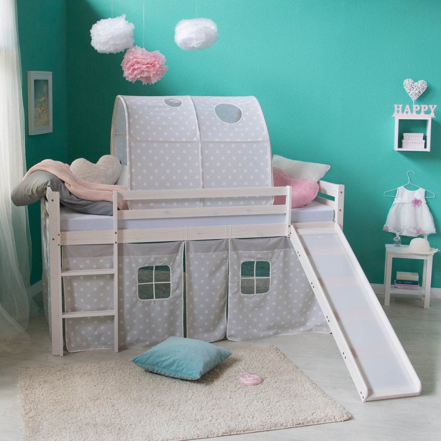 Hochbett mit Lattenrost 90x200 Rutsche Stockbett Weiss Kinderbett grau - Palo24