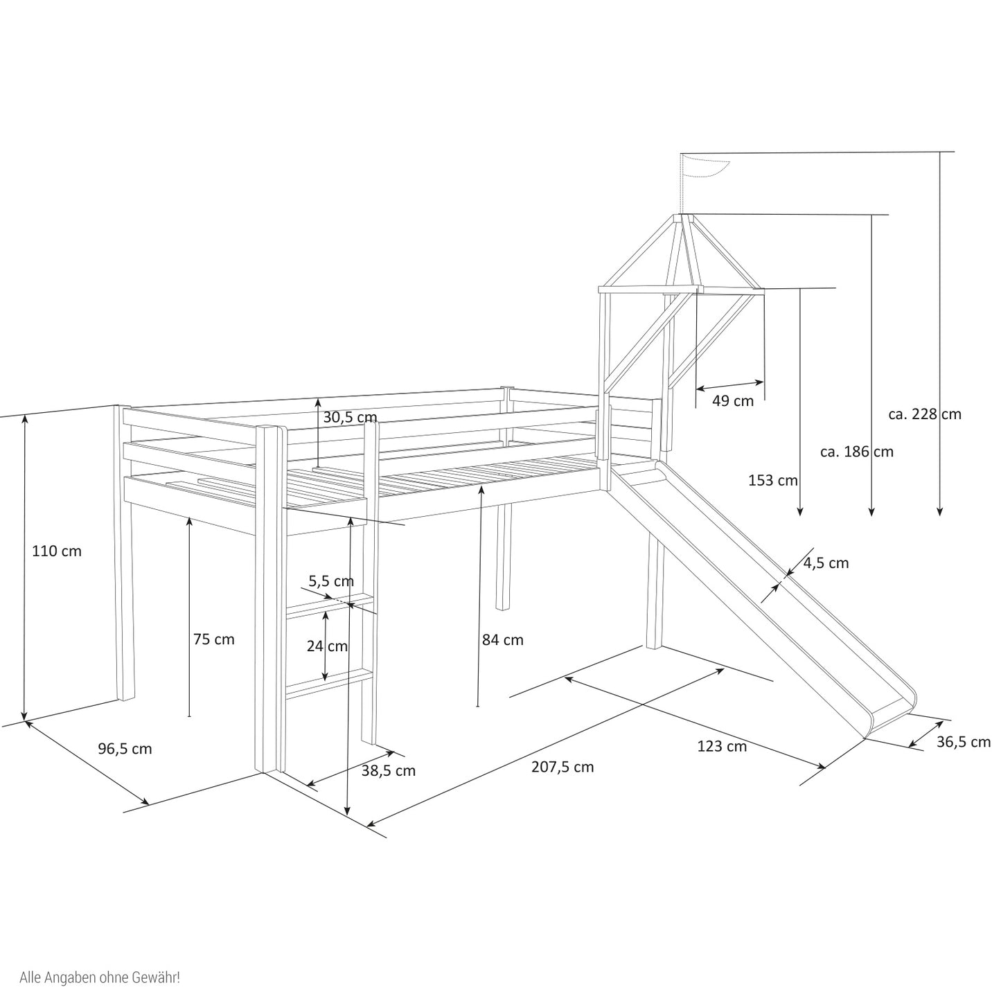 Hochbett mit Lattenrost 90x200 Turm Rutsche Kinderbett Kiefer Vorhang Weiss