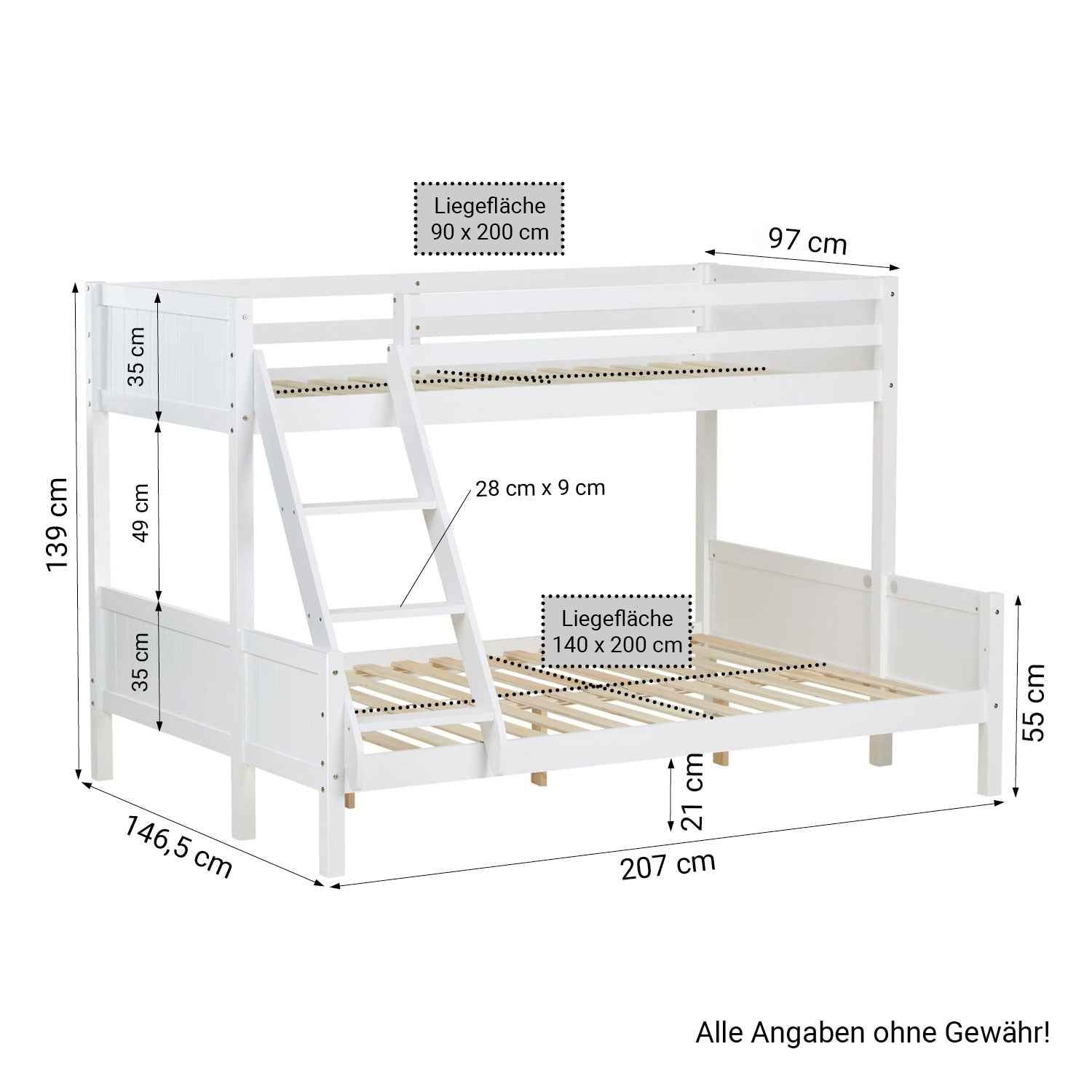 Etagenbett 90x200 und 140x200 Hochbett Weiss Holz mit Lattenrost 2 Matratzen