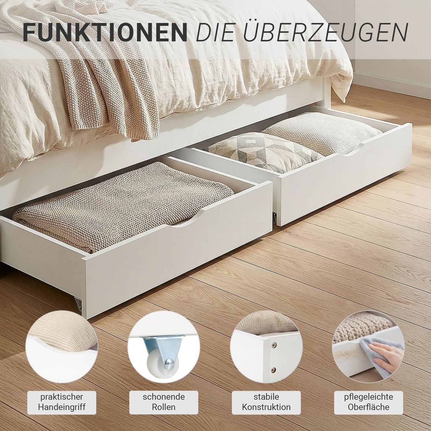 Bettkasten Holz Aufbewahrung mit Rollen Bett Schublade Weiss