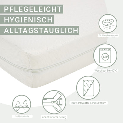 Hochbett Kinder 90x200 cm Weiss mit Vorhang in Blau | mit Lattenrost und Matratze