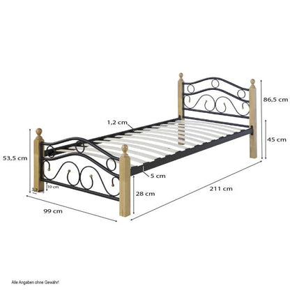 Metallbett 90x200 Schwarz Einzelbett Jugendbett Bettgestell mit Lattenrost