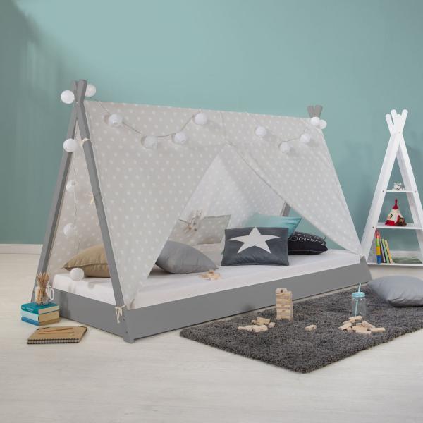 Kinderbett TIPI 90x200 Jugendbett grau Holzbett Kinderzimmer Stoff