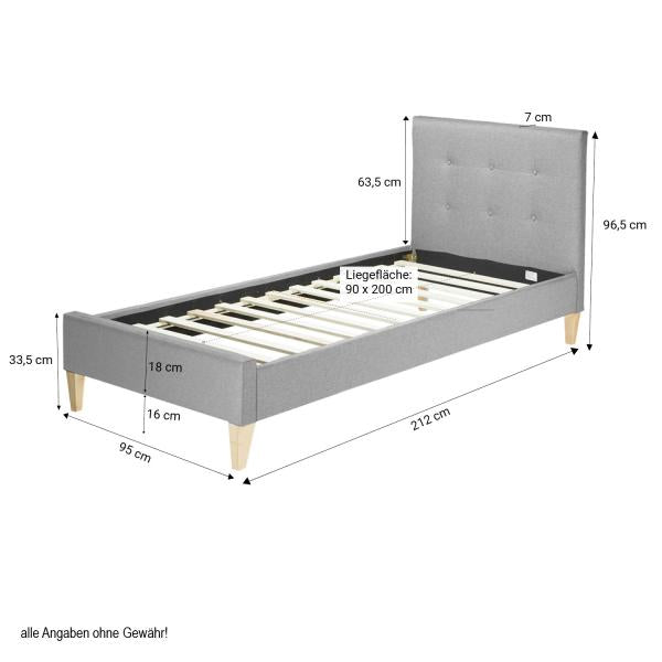 Polsterbett 90x200 Grau Einzelbett Stoffbett Bettgestell mit Lattenrost