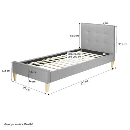 Polsterbett 90x200 Grau Einzelbett Stoffbett Bettgestell mit Lattenrost