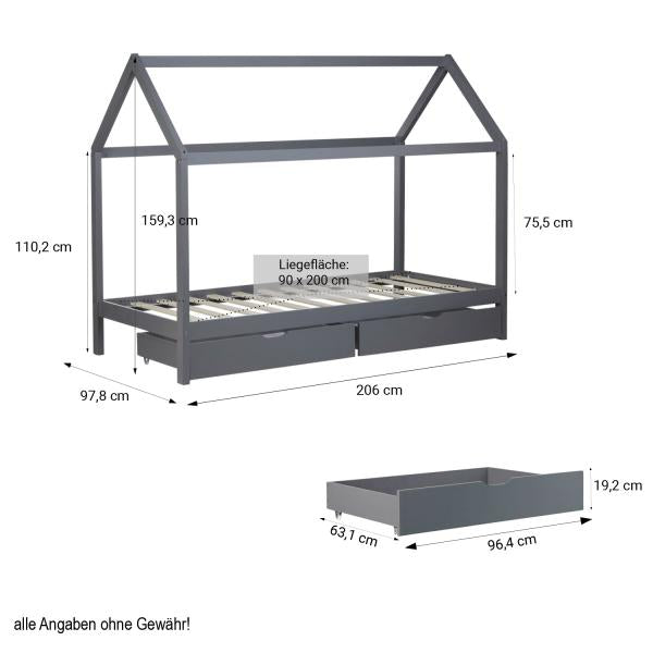 Kinderbett Kinderhaus Weiß Grau Spielbett Hausbett Holzbett 90 x 200 cm mit Matratze Lattenrost