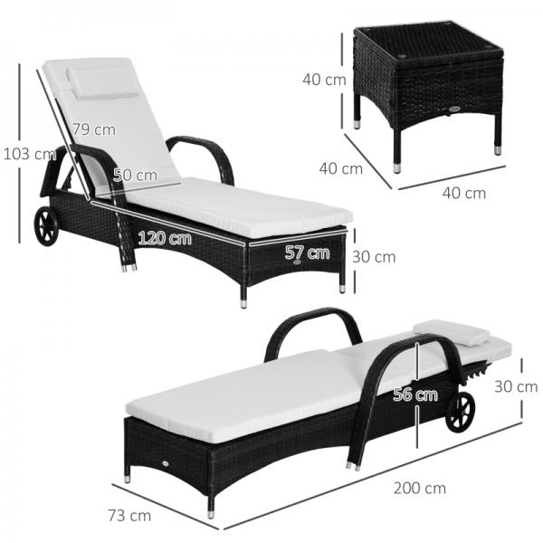 Sonnenliege Tisch 3er Set Gartenmöbel Polyrattan Schwarz