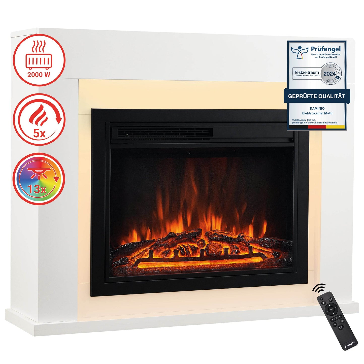 KAMINIO Elektrokamin MATTI Heizung, 3D-Flammeneffekt Weiss - Palo24