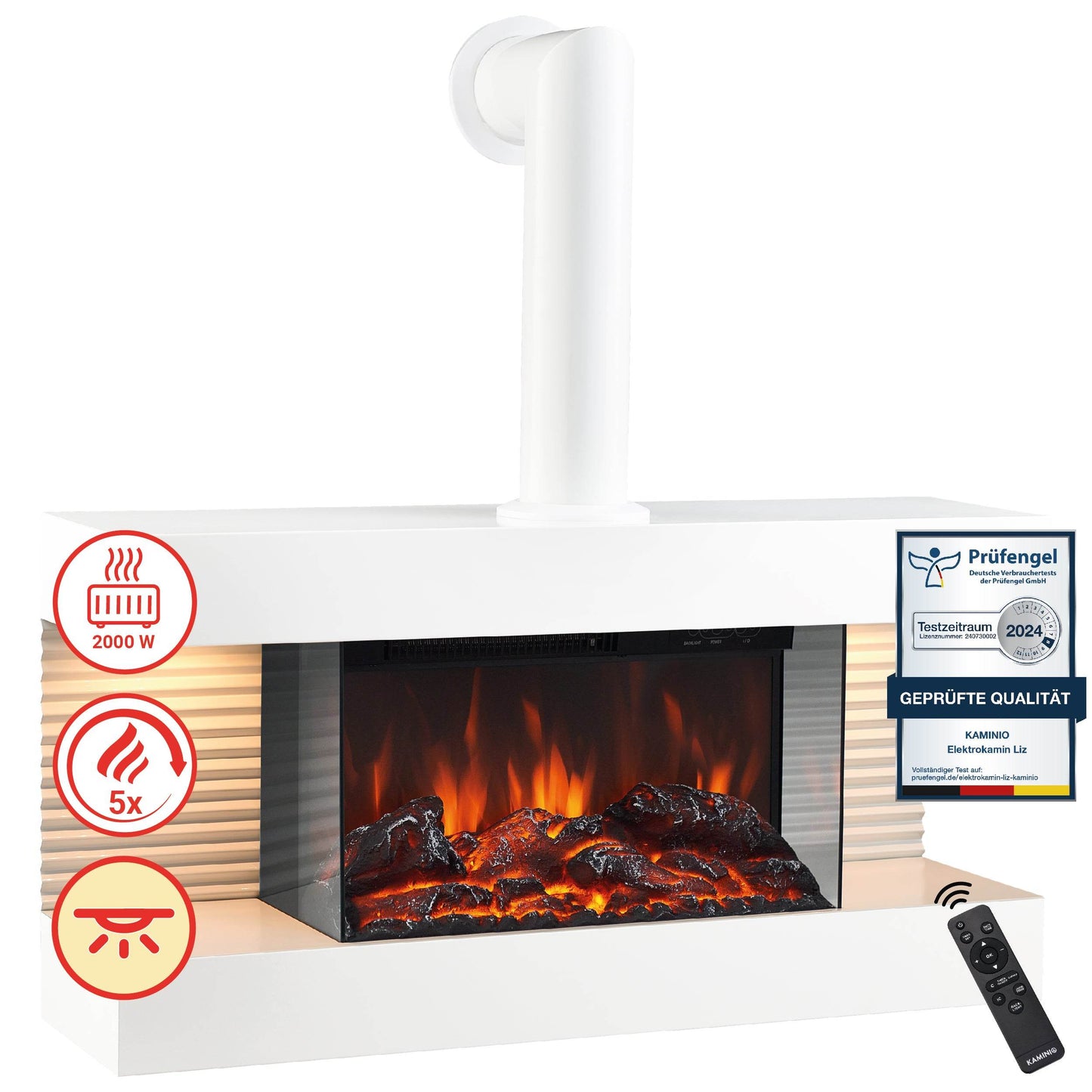 KAMINIO Elektrokamin LIZ mit Ofenrohr - Elektrischer Wandkamin mit Heizung Weiss - Palo24
