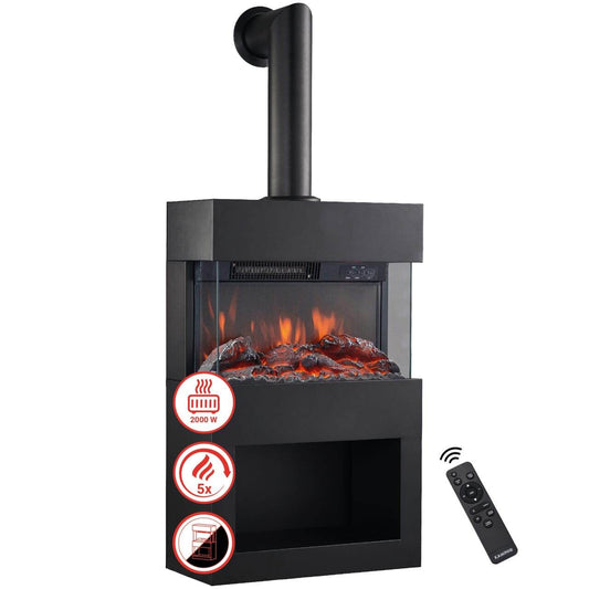KAMINIO Elektrokamin HENRI mit Ofenrohr - mit Heizung Holzfach Schwarz - Palo24