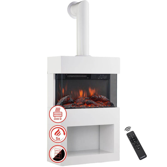 KAMINIO Elektrokamin HENRI mit Ofenrohr - mit Heizung Holzfach Weiss - Palo24