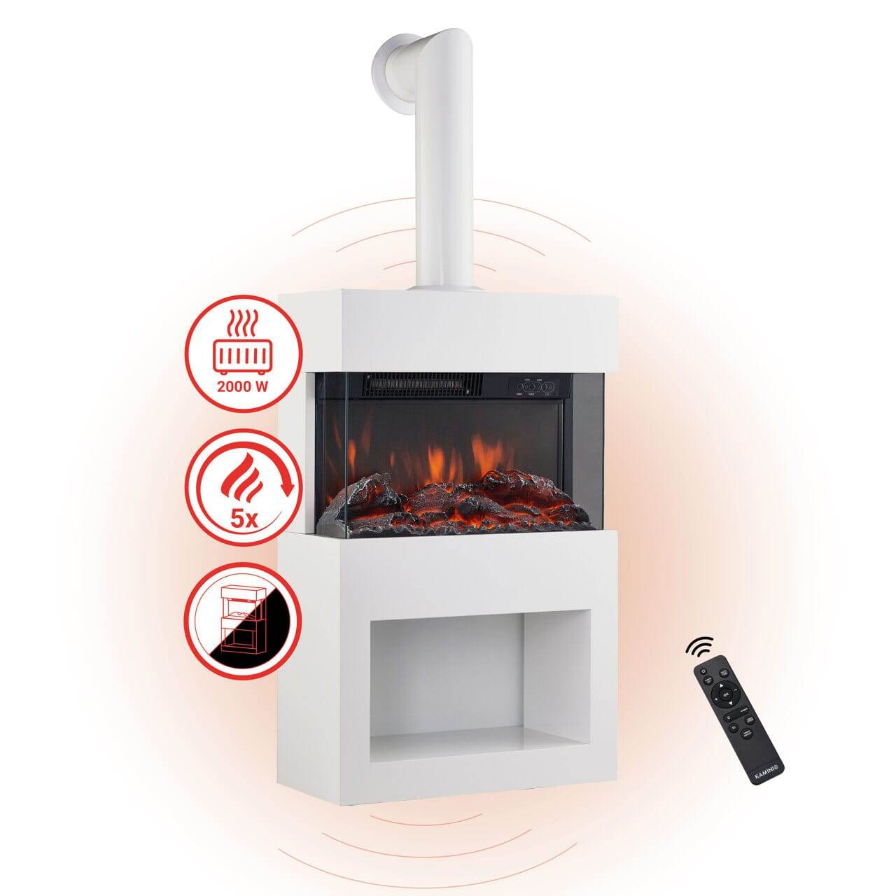 KAMINIO Elektrokamin HENRI mit Ofenrohr - mit Heizung Holzfach Weiss - Palo24