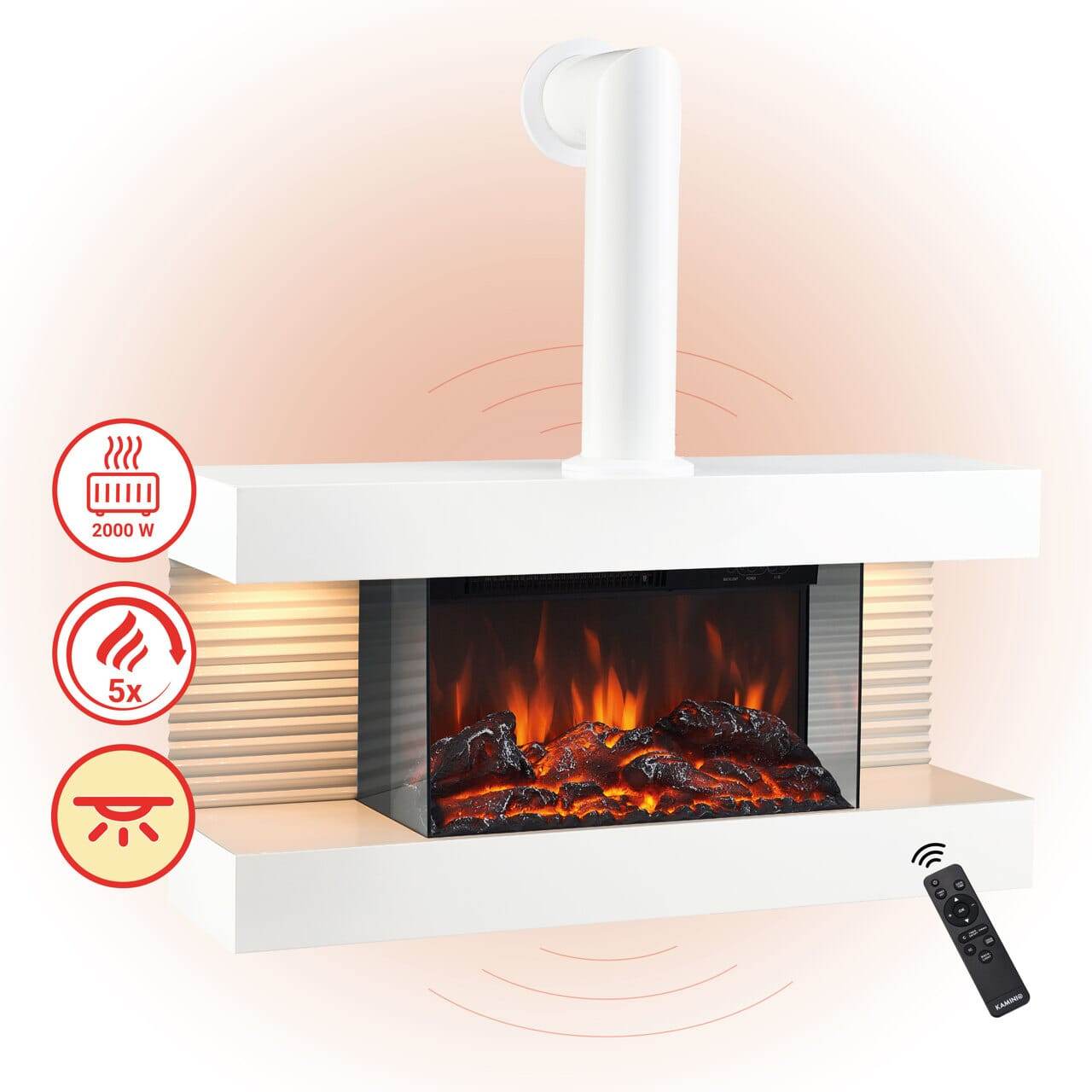 KAMINIO Elektrokamin LIZ mit Ofenrohr - Elektrischer Wandkamin mit Heizung Weiss - Palo24