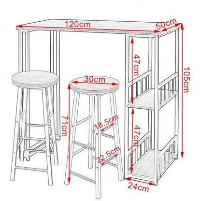 1 x Bartisch + 2 x Barhocker mit 2 Ablagefläche aus Metallgestell und MDF Hell Eiche