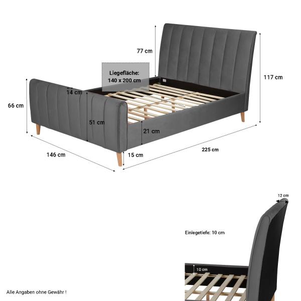 Polsterbett Doppelbett Stoffbett Bettgestell 140 x 200 Lattenrost Grau Samt