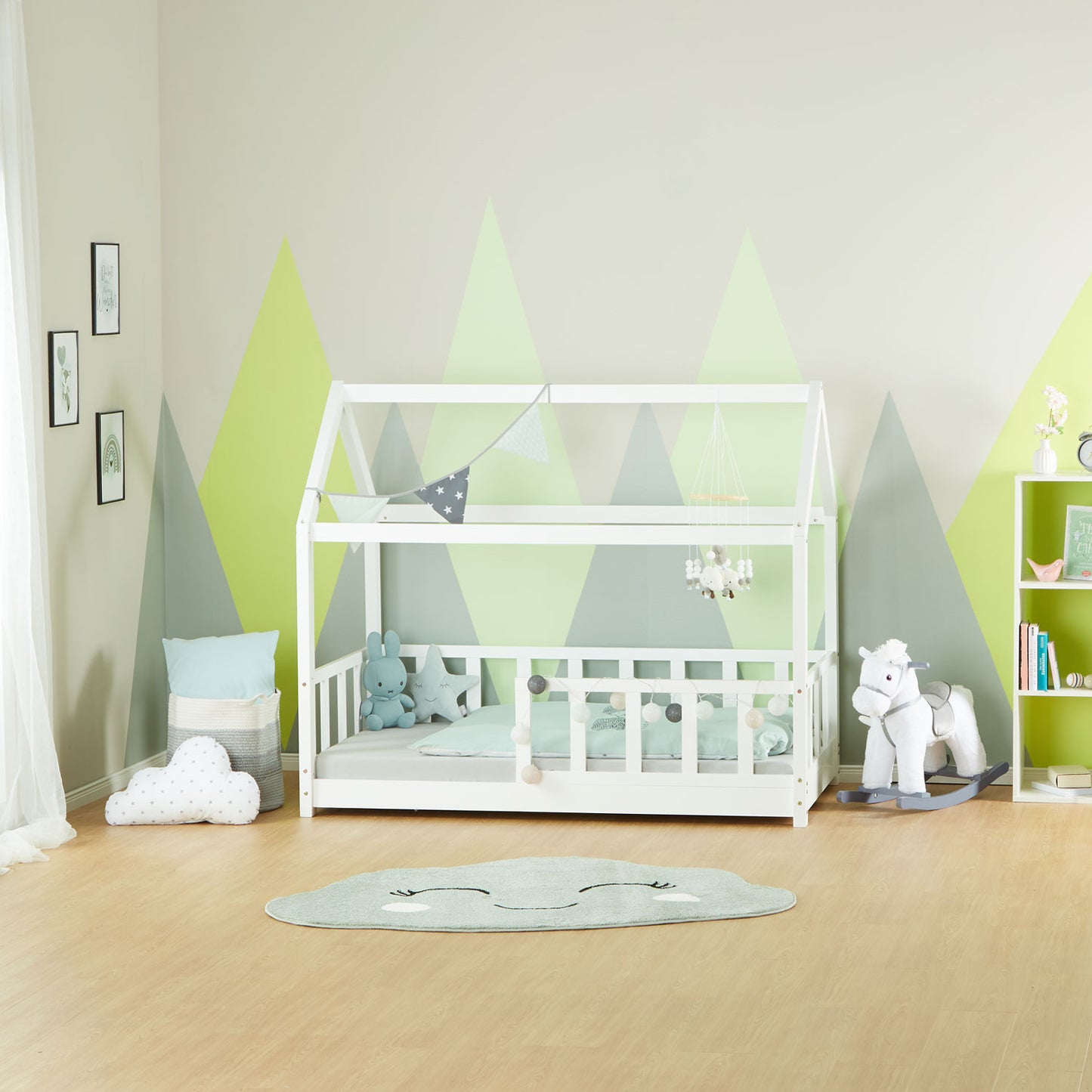 Kinderbett 80x160 cm Weiss | Hausbett mit Rausfallschutz | Montessori | mit Lattenrost