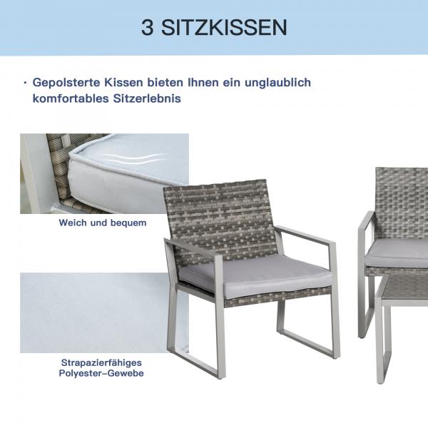 4-teiliges Set Sitzgruppe Sofa Sitzkissen Couchtisch Stahl Grau