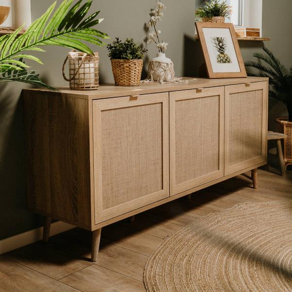 Sideboard Kommode Wohnzimmerschrank Anrichte Braun Rafia Holz