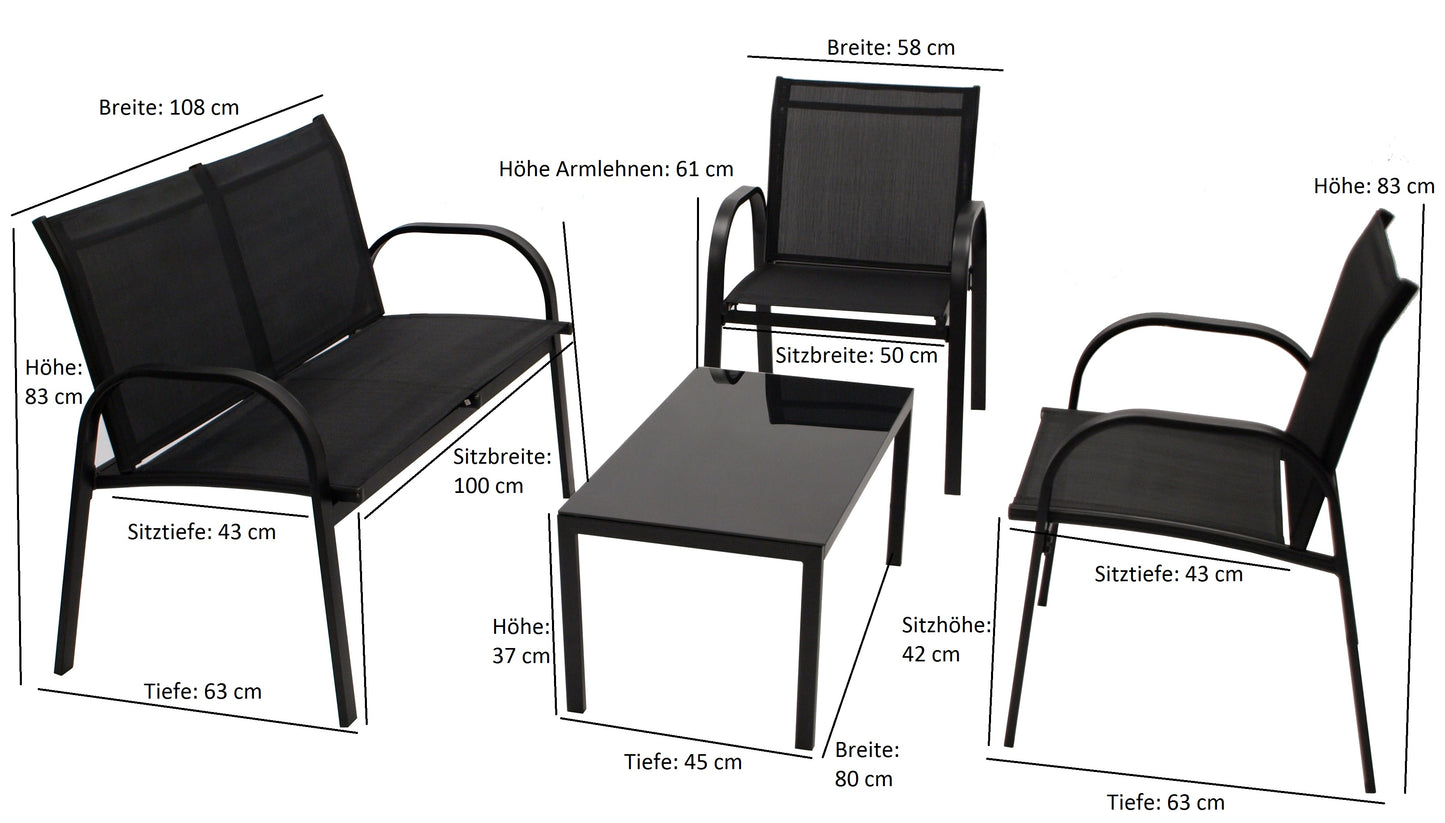 ARONA Ensemble de salon 4 pièces, métal + tissu synthétique, noir