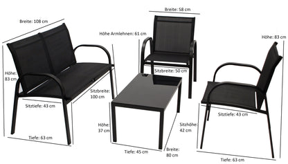 ARONA Ensemble de salon 4 pièces, métal + tissu synthétique, noir