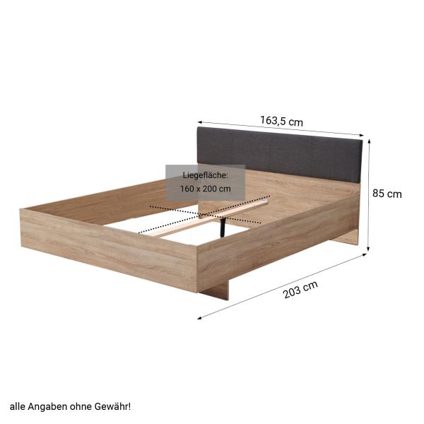 Doppelbett Holzbett Polsterbett Stoffbett 160x200 cm Eiche Stoff Grau