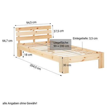 Holzbett 90x200 cm Natur | Einzelbett | mit Lattenrost | massiv | Kind Jugend Gast