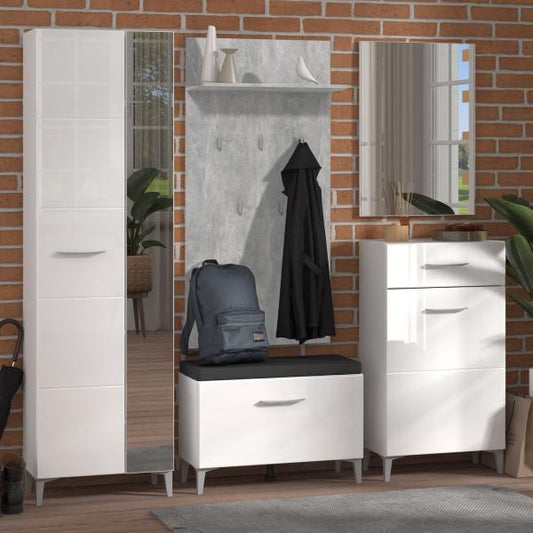 Garderobe Flurgarderobe Set Flurmöbel Beton Optik Komplettset 5-tlg Holz Weiss Hochglanz