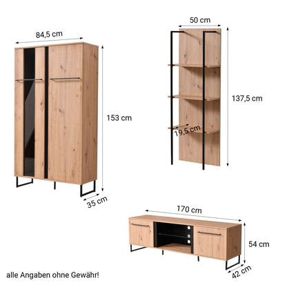 Wohnwand Schrankwand Anbauwand Wohnzimmer-Set 3 tlg. Modern Eiche Holz Industrial Style