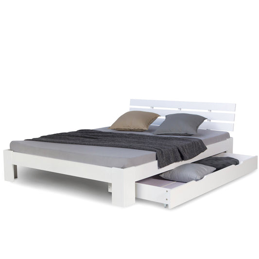 Holzbett 140x200 cm Weiss | Doppelbett mit Bettkasten | mit Lattenrost | massiv | Kind Jugend Gast