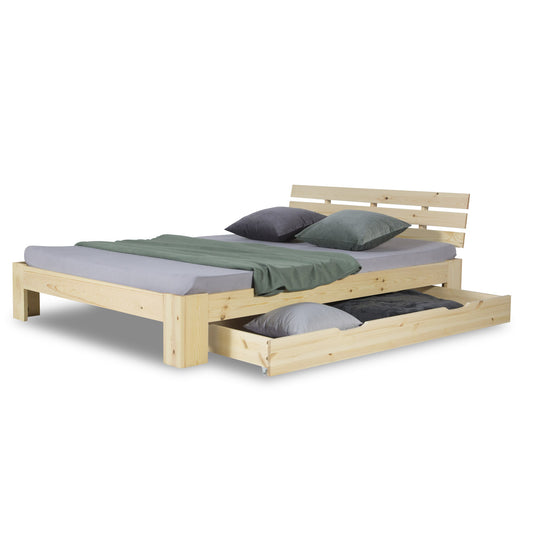 Holzbett 140x200 cm Natur | Doppelbett mit Bettkasten | mit Lattenrost | massiv | Kind Jugend Gast