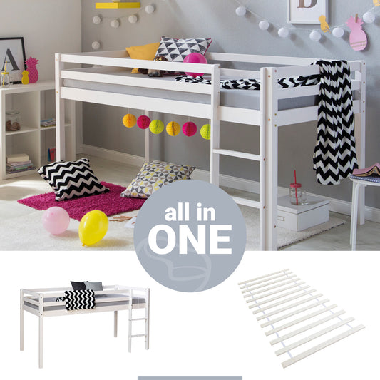 Hochbett Kinder 90x200 cm Weiss Basic | mit Lattenrost
